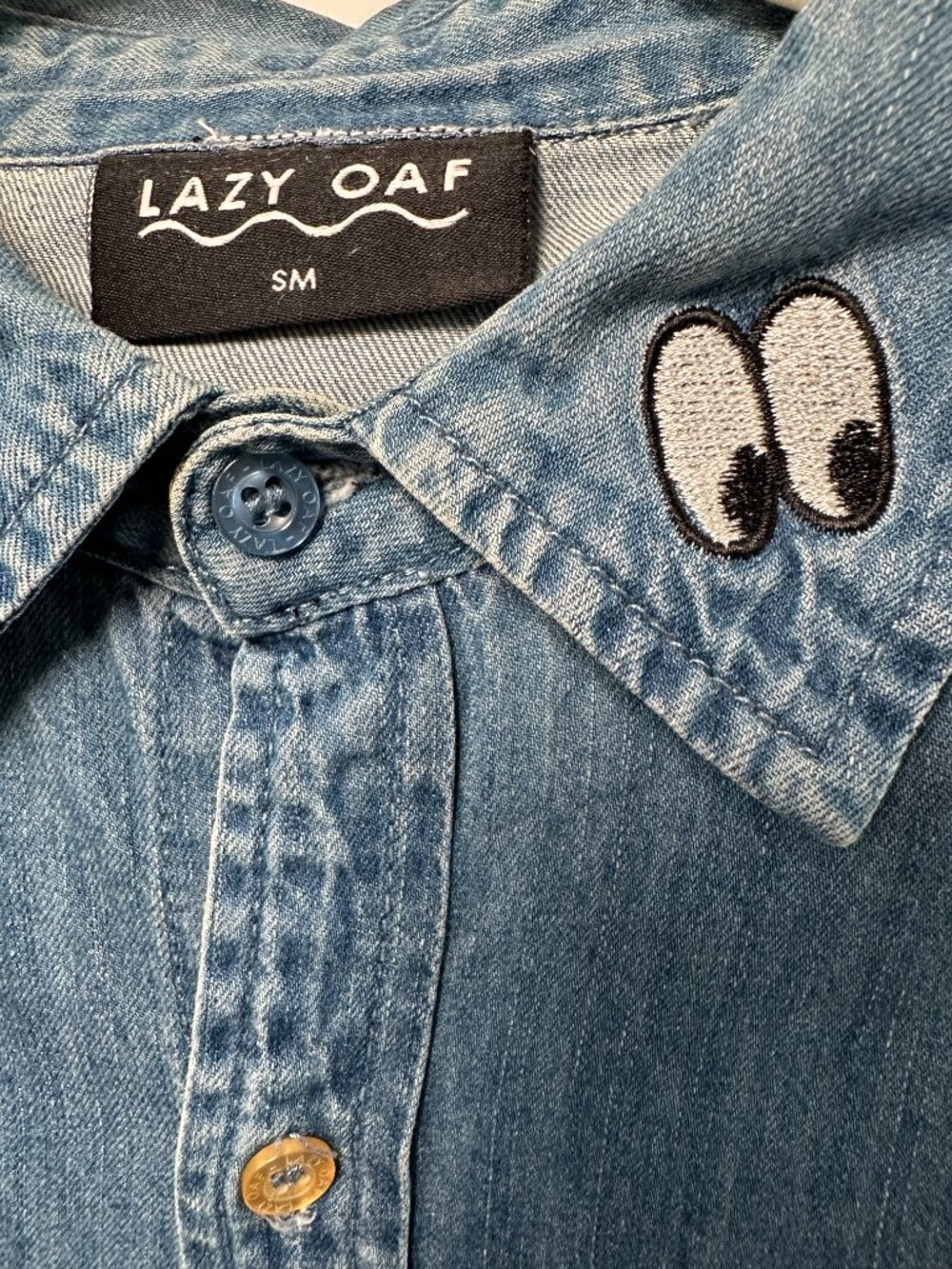 Lazy Oaf Sad Rainbow Shirt Oversized Blue Denim Eye Embroidery Whimsical SM - Picture 7 of 9